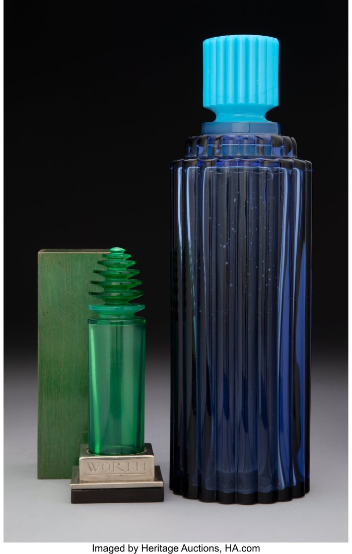 Two R. Lalique and Lalique for Worth Colored Gla: Two R. Lalique and Lalique for Worth Colored Glass Perfume Bottles, 1929 and later Marks: (various) 10-3/4 inches (27.3 cm) (tallest, Je Re