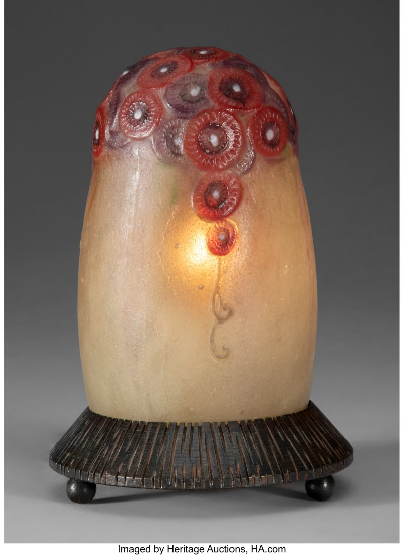 Argy-Rousseau Pâte de Verre and Wrought Iron Tr: Argy-Rousseau Pâte de Verre and Wrought Iron Trois Trous Veilleuse, circa 1922 Marks: G. ARGY-ROUSSEAU 4-1/2 inches (11.4 cm) (shade) LITERATURE