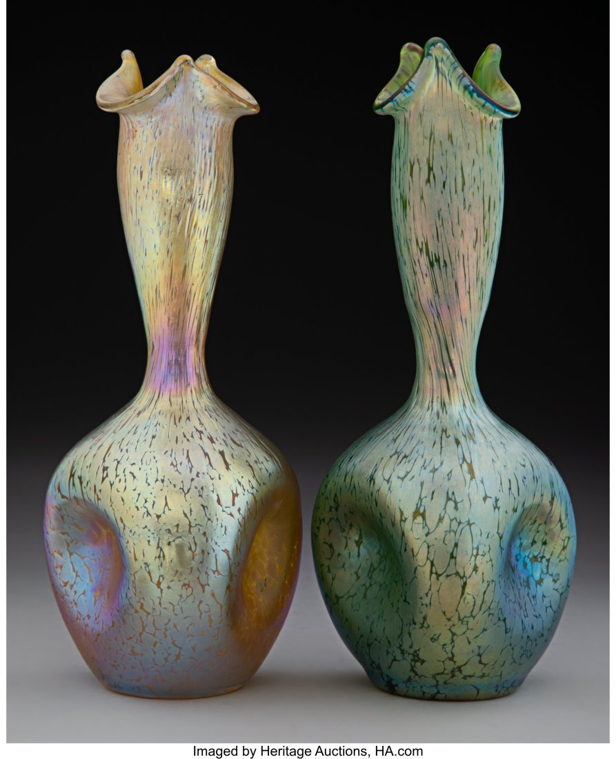Two Loetz Papillon Glass Vases, circa 1898 9-3/4: Two Loetz Papillon Glass Vases, circa 1898 9-3/4 inches (24.8 cm) (tallest) The group comprising: 1 Candia Papillon vase; 1 Crete Papillion vase.