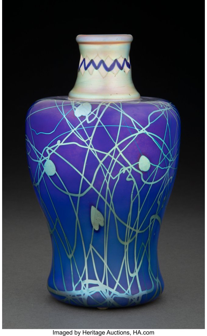 Fine Steuben Decorated Tiffany Blue Aurene Glass: Fine Steuben Decorated Tiffany Blue Aurene Glass Vase with Intarsia Collar, circa 1915 Marks: aurene 7-1/2 inches (19.1 cm) PROVENANCE: Estate of Mr. and 