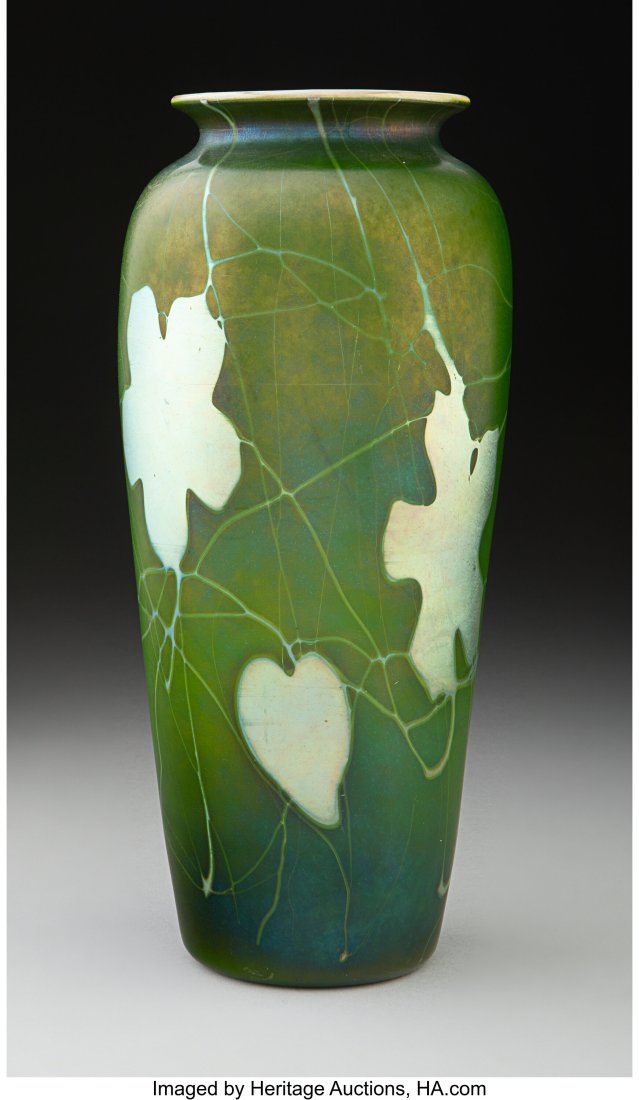 Steuben Decorated Green Aurene Glass Vase, circa: Steuben Decorated Green Aurene Glass Vase, circa 1910 Marks: aurene, 506 10 inches (25.4 cm) PROVENANCE: The Estate of George Jamison, Corning, New
