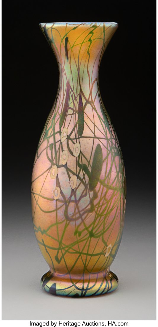 Steuben Decorated Gold Aurene Glass Vase with Mi: Steuben Decorated Gold Aurene Glass Vase with Millefiori, circa 1910 Marks: AURENE 7-1/2 inches (19.1 cm) Property from an Important Private Collection of Steuben Aure