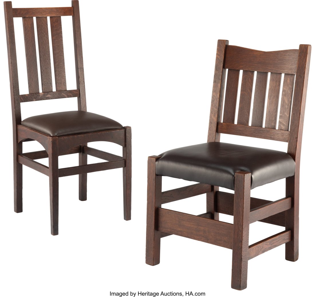 Two Stickley Oak Side Chairs, early 20th century: Two Stickley Oak Side Chairs, early 20th century Marks to one: (applied paper label) 40 x 15-1/2 x 16-1/4 inches (101.6 x 39.4 x 41.3 cm) &