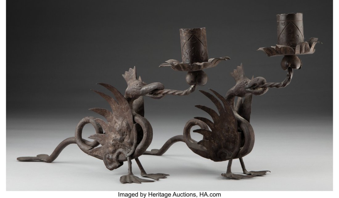 Pair of Wrought Iron Candlesticks in the Manner: Pair of Wrought Iron Candlesticks in the Manner of Oscar Bach 9 x 16 inches (22.9 x 40.6 cm) (tallest) HID03101062020 © 2024 Heritage Auctions | All Rights