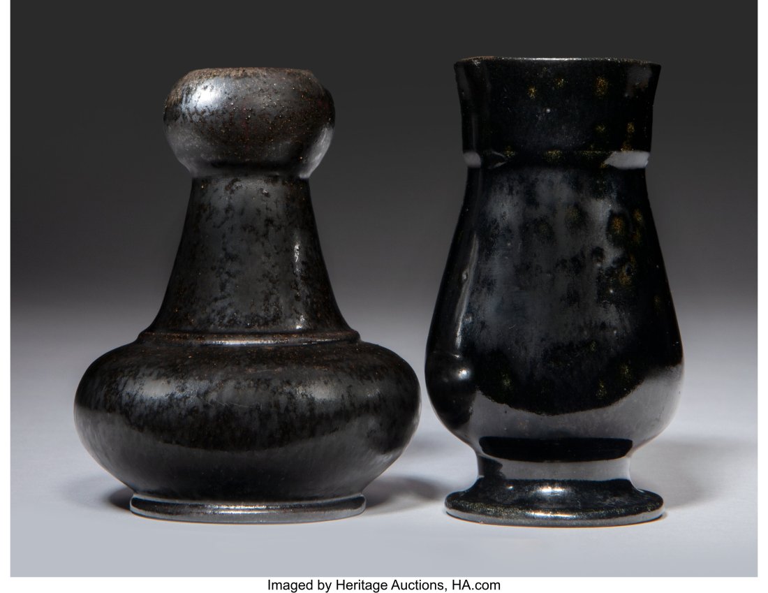 Two George Ohr Glazed Earthenware Vases, circa 1: Two George Ohr Glazed Earthenware Vases, circa 1900 Marks: G E OHR, BILOXI, MISS 4 inches (10.2 cm) (tallest) Property from an Important Private Coll