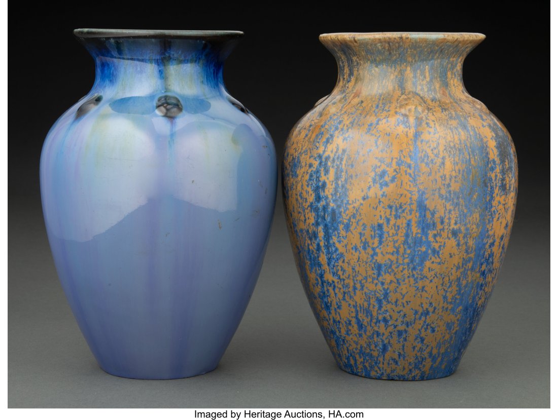 Two Fulper Pottery Glazed Ceramic Vases, circa 1: Two Fulper Pottery Glazed Ceramic Vases, circa 1910 Marks: FULPER 7 inches (17.8 cm) (each) Property from an Important Private Collection of Art Pottery HID03101