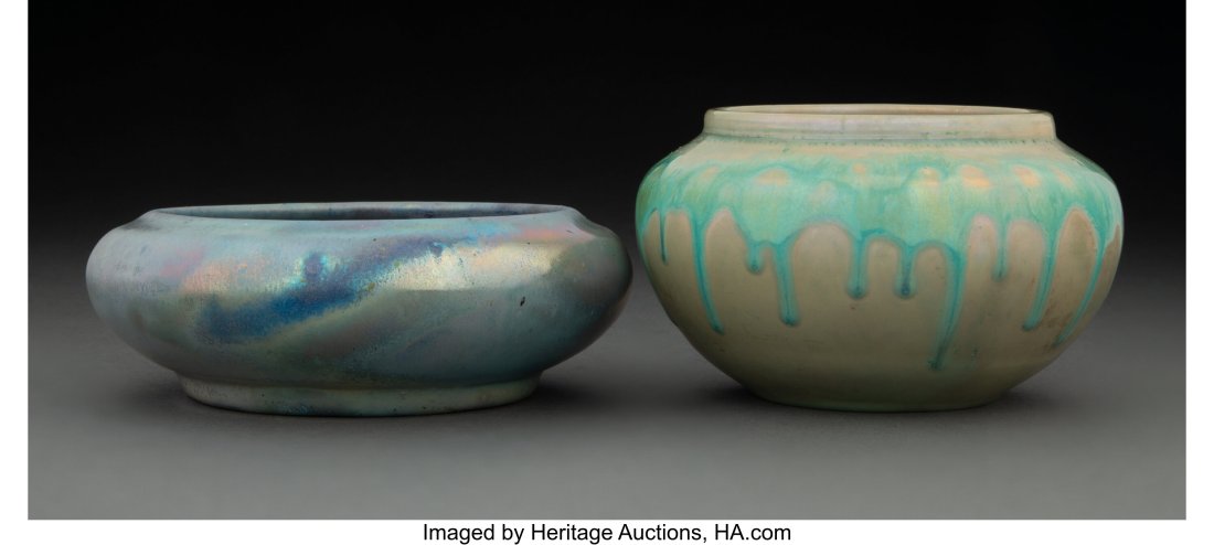 Two Pewabic Pottery Iridescent Glazed Bowls, cir: Two Pewabic Pottery Iridescent Glazed Bowls, circa 1920 Marks: PEWABIC DETROIT 3-1/4 inches (8.3 cm) (tallest) Property from an Important Private Collection 