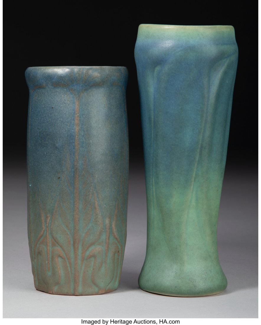Two Van Briggle Matte Glazed Earthenware Vases,: Two Van Briggle Matte Glazed Earthenware Vases, 20th century Marks: (AA monogram), VAN BRIGGLE, U.S.A, 20 8-1/4 inches (21.0 cm&rp