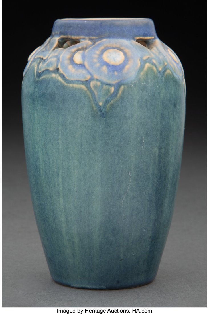 Newcomb College Pottery Glazed Earthenware Flora: Newcomb College Pottery Glazed Earthenware Floral Vase Decorated by Alma Mason, circa 1900 Marks: C, JM, A.M.,F.145 4-1/4 inches (10.