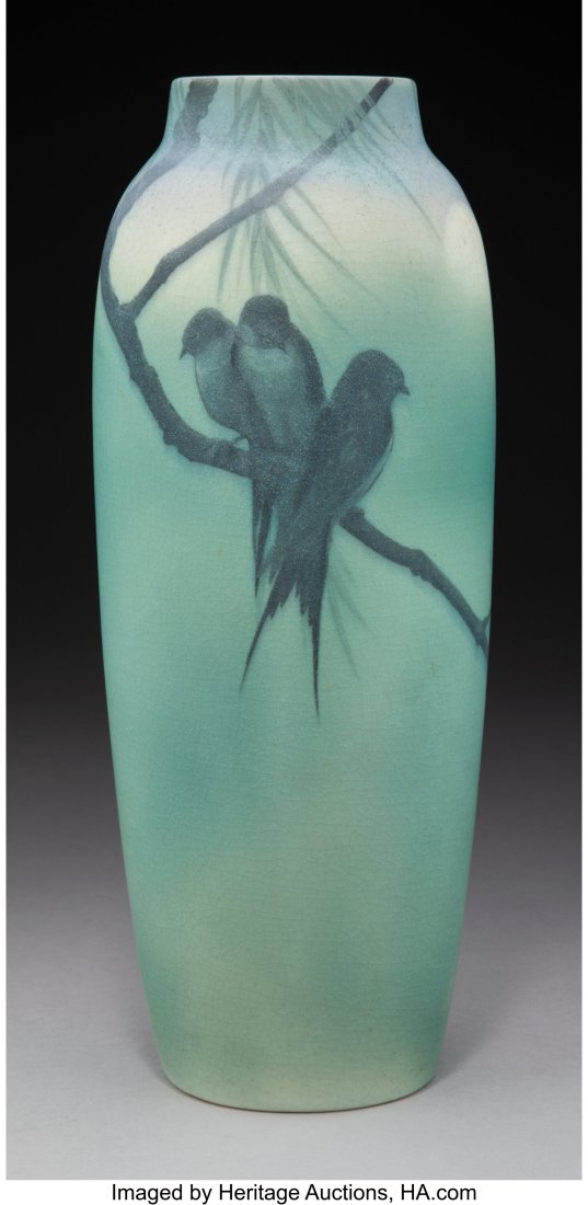 Rookwood Pottery Vellum Glazed Bird Vase Decorat: Rookwood Pottery Vellum Glazed Bird Vase Decorated by Kataro Shirayamadani, 1907 Marks: (Rookwood cipher), VII, 907C, V, (artist's cipher) 14 in