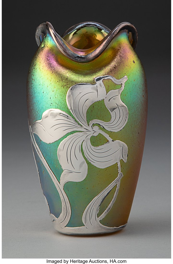 Loetz Candia Silberiris Glass Vase with Silver O: Loetz Candia Silberiris Glass Vase with Silver Overlay, circa 1900 5-1/8 inches (13.0 cm) HID03101062020 © 2024 Heritage Auctions | All Rights Reserved