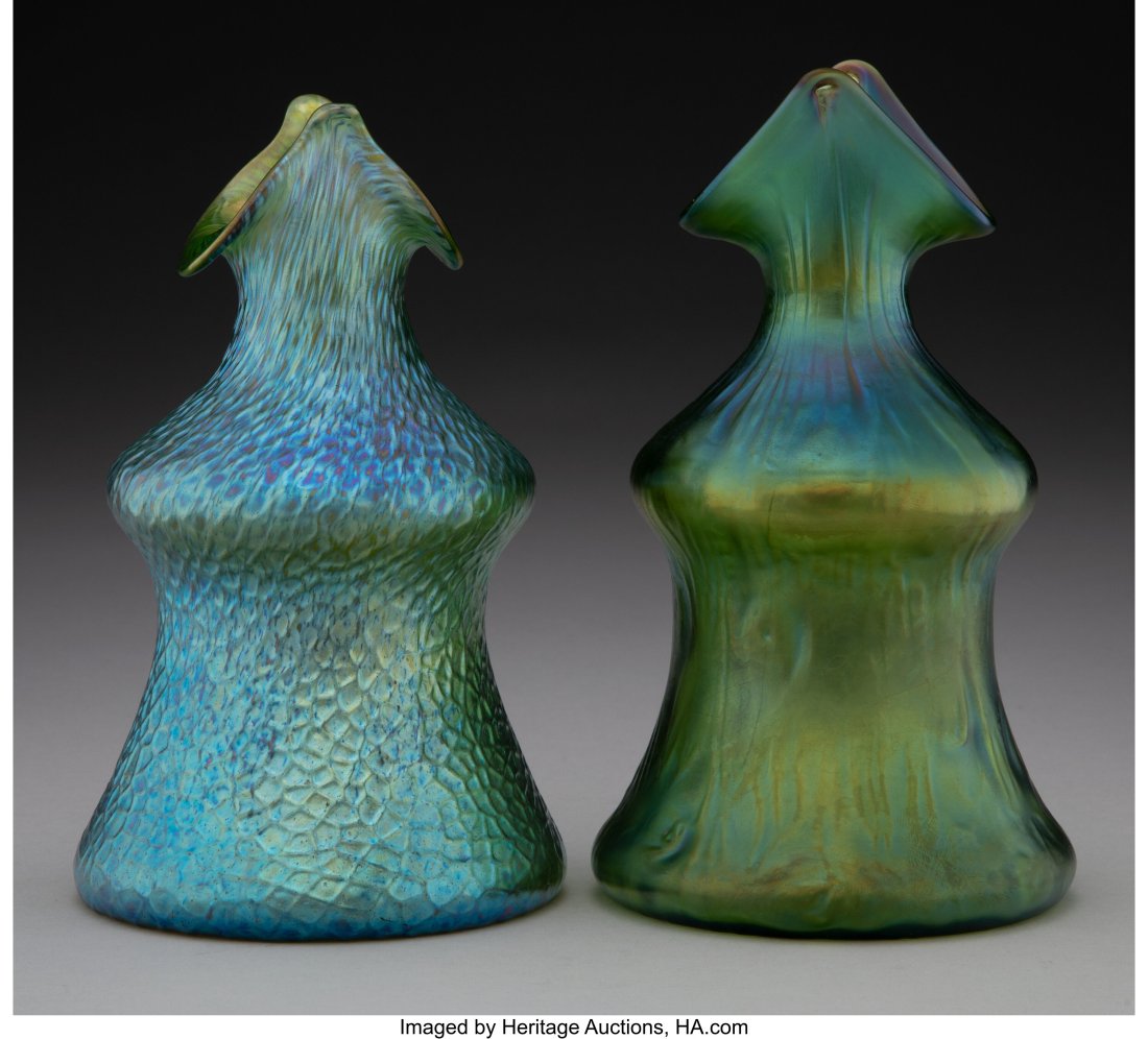 Two Loetz Crete Glass Vases, circa 1898 6-1/2 in: Two Loetz Crete Glass Vases, circa 1898 6-1/2 inches (16.5 cm) (tallest) The group comprising: 1 Crete Rusticana vase; 1 Crete Martelé vase&perio
