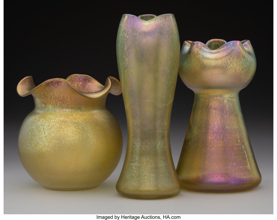 Three Loetz Candia Silberiris II Glass Vases, ci: Three Loetz Candia Silberiris II Glass Vases, circa 1904 8 inches (20.3 cm) (tallest) HID03101062020 © 2024 Heritage Auctions | All Rights Reserved