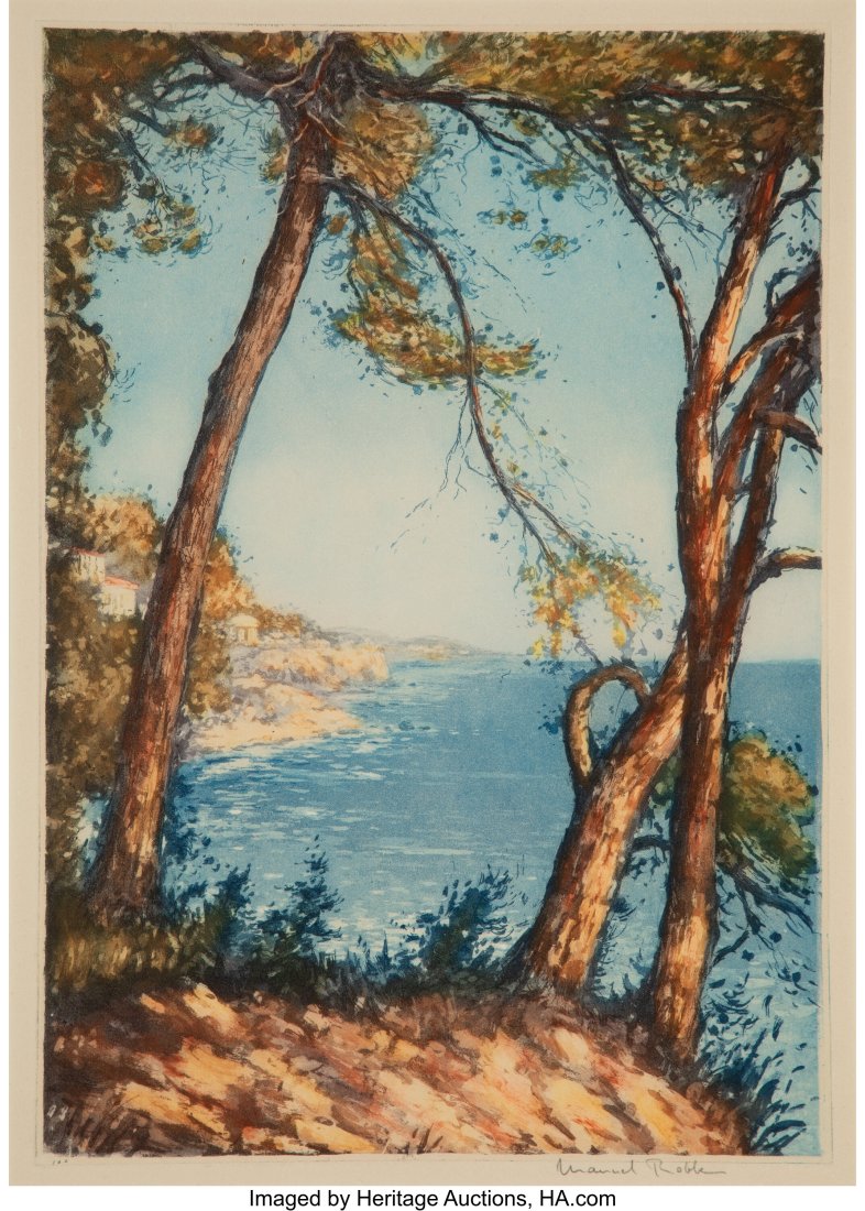 Manuel Robbe (French, 1872-1936) Eucalyptus Grov: Manuel Robbe (French, 1872-1936) Eucalyptus Grove, circa 1930 Aquatint in colors on wove paper 19-1/2 x 13-5/8 inches (49.5 x 34.6 cm) (plate