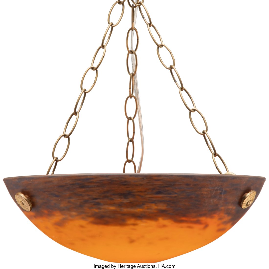 Muller Frères Mottled Glass and Gilt Metal Pend: Muller Frères Mottled Glass and Gilt Metal Pendant Light, circa 1925 Marks: MULLER FRÈRES LUNÉVILLE 4-3/4 x 14-1/8 inches (12.1 x 35.9 cm&rp