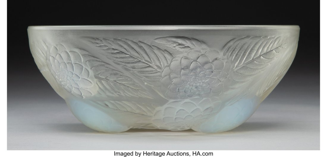 R. Lalique Opalescent Glass Dahlias Bowl, circa : R. Lalique Opalescent Glass Dahlias Bowl, circa 1921 Marks: R. LALIQUE, FRANCE, No. 3210 9-3/8 inches (23.9 cm), M.p&peri