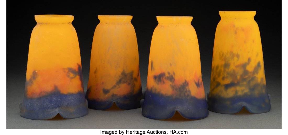 Set of Four Muller Frères Mottled Glass Lamp Sh: Set of Four Muller Frères Mottled Glass Lamp Shades, circa 1920 Marks: MULLER FRES, LUNÉVILLE 6-1/4 inches (15.9 cm) (tallest) Property f