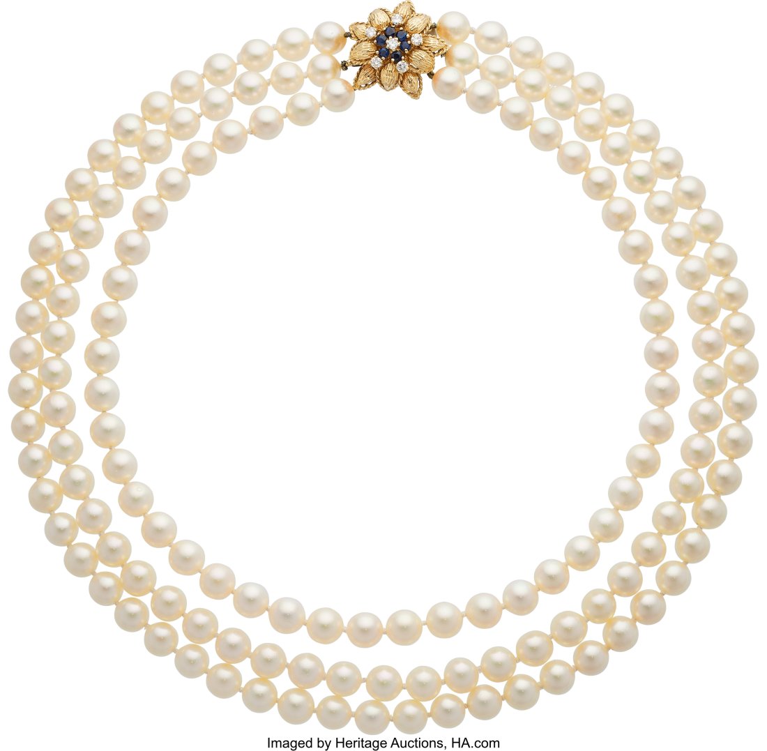 Cultured Pearl, Diamond, Sapphire, Gold Necklace: Cultured Pearl, Diamond, Sapphire, Gold Necklace Stones: Full-cut diamonds weighing a total of 0.41 carat; round-cut sapphires weighing a total of 0.45 carat