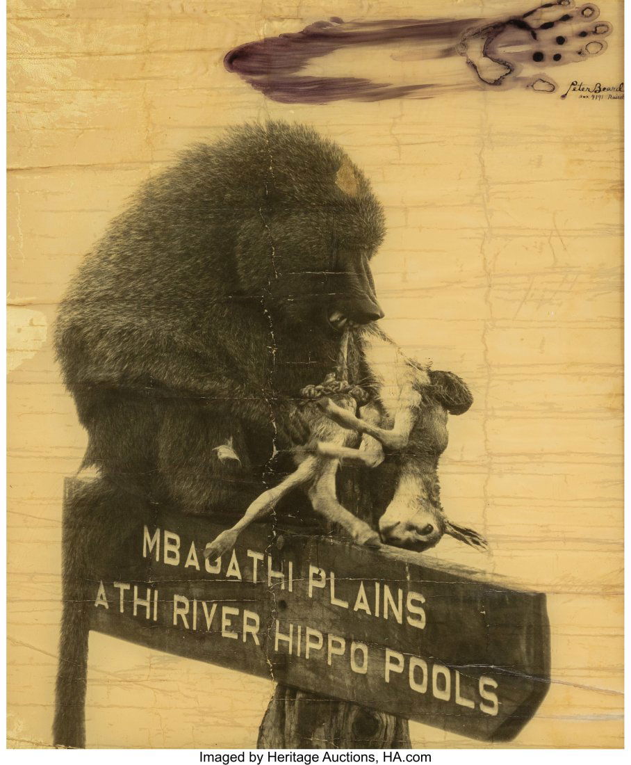 Peter Beard (American, 1938-2020) 'Mbagathi Plai: Peter Beard (American, 1938-2020) 'Mbagathi Plains Athi River Hippo Pools, 1973 Gelatin silver print and mixed media 40-1/2 x 35 inches (102.9 x 88.9 cm&rp