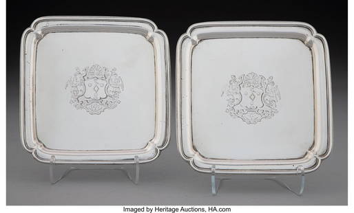 74119: A Pair of Paul De Lamerie Silver Salvers, London: A Pair of Paul De Lamerie Silver Salvers, London, 1729 Marks: (Britannia Standard lion's head erased), (Britannia), O, (crown-star-LA)