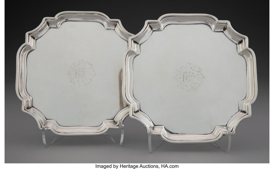 A Pair of John Tuite Silver Salvers, London, 172: A Pair of John Tuite Silver Salvers, London, 1728 Marks: (crowned leopard's head), (lion), N, (effaced) 0-3/4 x 5-3/4 x 5-3&so