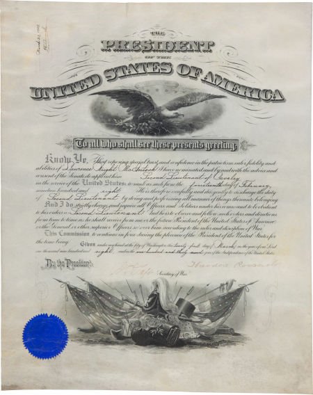 Theodore Roosevelt Military Appointment Signed: Theodore Roosevelt Military Appointment Signed as president. One partially printed, vellu