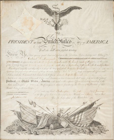 James Madison Military Appointment Signed.: James Madison Military Appointment Signed. One partially printed, vellum page, 15" x 18.5