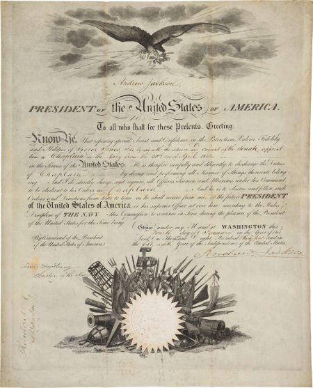 Andrew Jackson Naval Appointment Signed: Andrew Jackson Naval Appointment Signed as president. One partially printed page, on vell