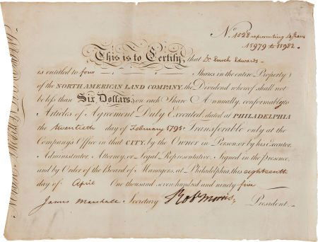 Robert Morris North American Land Company Bond S: Robert Morris North American Land Company Bond Signed "Robt Morris." One parti