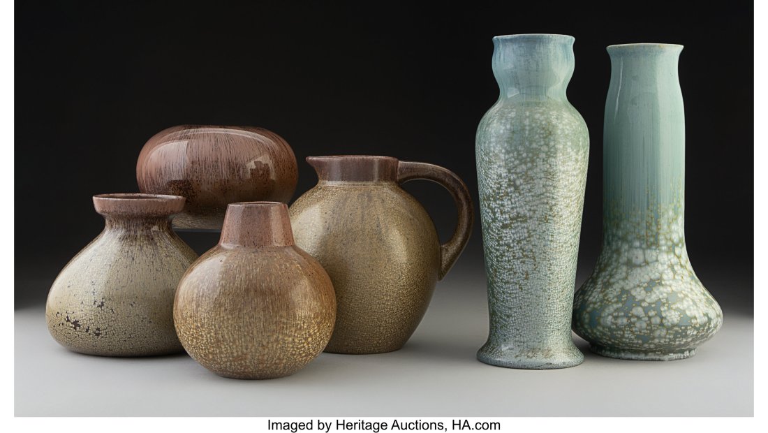 Six Sarreguemines Pottery Crystalline Glazed Etn: Six Sarreguemines Pottery Crystalline Glazed Etna Table Articles, circa 1900 Marks: SARREGUEMINES, FRANCE, ETNA, (various) 11 inches (27.9 cm) 
