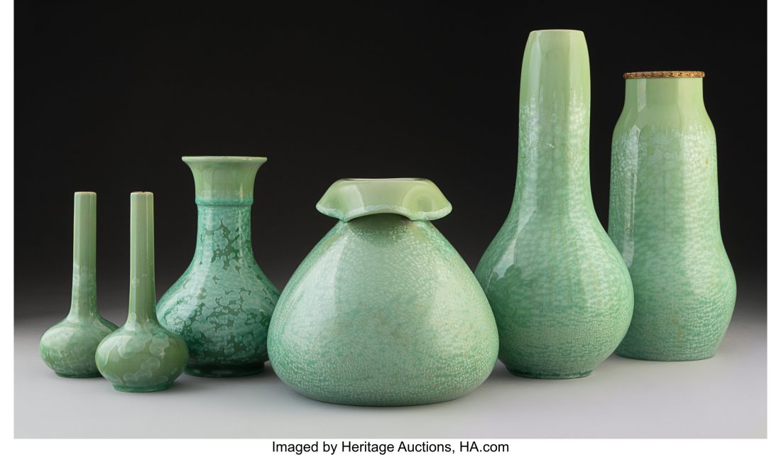 Six Sarreguemines Pottery Green Crystalline Glaz: Six Sarreguemines Pottery Green Crystalline Glazed Etna Vases, circa 1900 Marks: SARREGUEMINES, FRANCE, ETNA, (various) 10 inches (25.4 cm) &lp