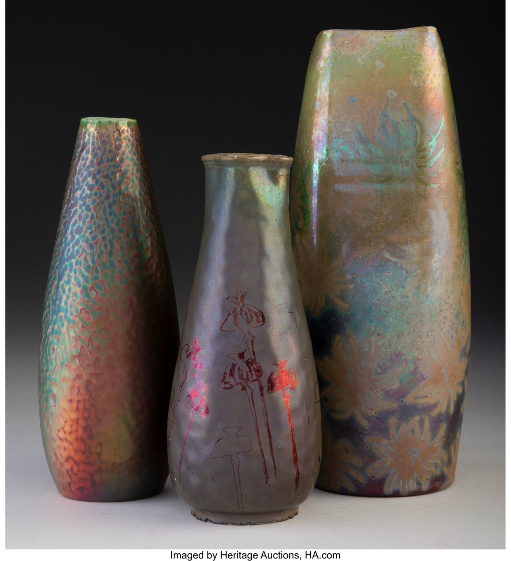 Two Massier and One Graziello Lustre Glazed Cera: Two Massier and One Graziello Lustre Glazed Ceramic Vases Marks: Clement Massier, Jean Massier, J Gaziello, VALLRURIS 9-1/4 inches (23.5 cm) (tallest&