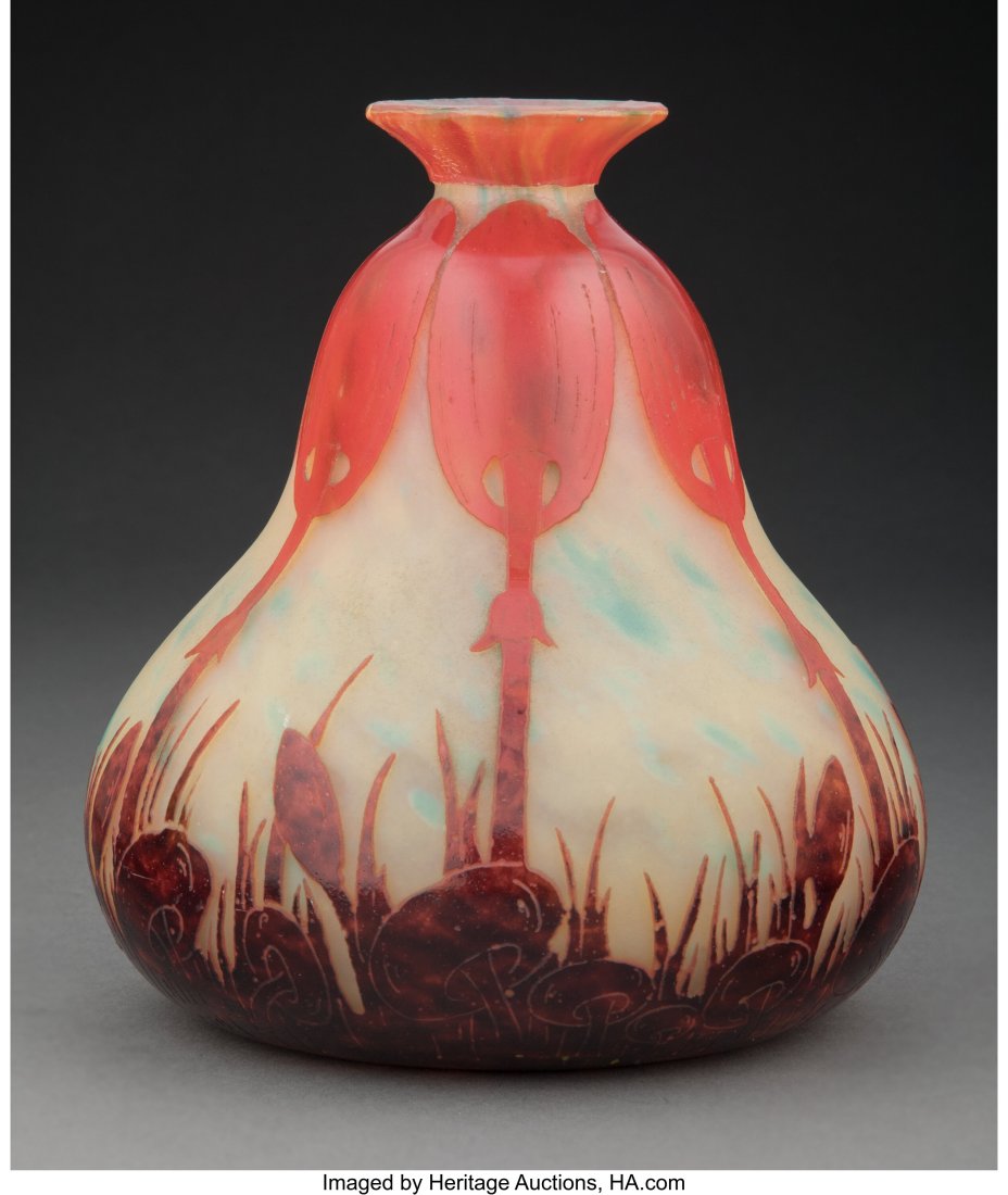 Schneider Le Verre Français Overlaid and Acid-E: Schneider Le Verre Français Overlaid and Acid-Etched Glass Coprins Vase, circa 1925 Marks: Le Verre Français, France 8-1/4 inches (21.0 cm) PROVENA