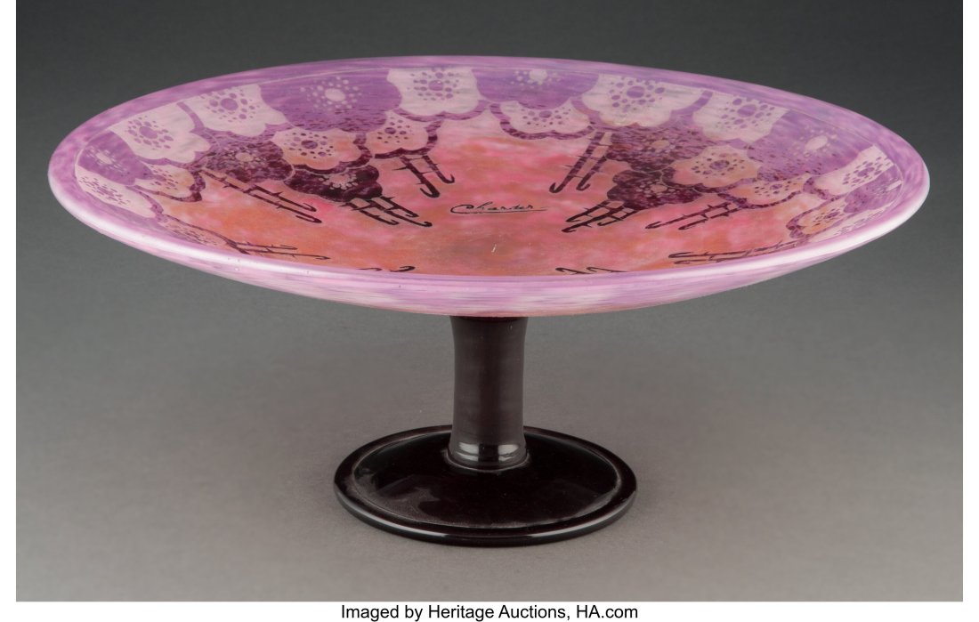 Schneider Le Verre Français Overlaid and Acid-E: Schneider Le Verre Français Overlaid and Acid-Etched Glass Eglantines Compote, circa 1927 Marks: Charder, FRANCE 5-5/8 x 14 inches (14.3 x 35.6 cm)