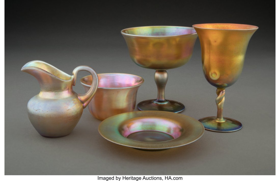 Group of Five Steuben Gold Aurene Glass Table Ar: Group of Five Steuben Gold Aurene Glass Table Articles, circa 1910 Marks: AURENE, (various) 6-1/4 inches (15.9 cm) (tallest, goblet) Th