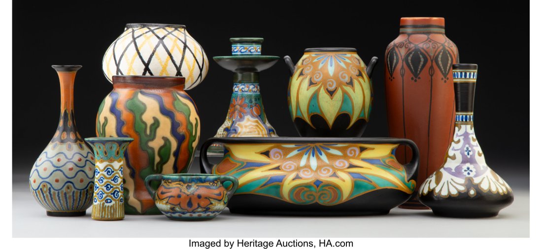 Ten Dutch Earthenware Table Articles, circa 192: Ten Dutch Earthenware Table Articles, circa 1920 Marks: HOLLAND, SCHOONHOVEN, ZUID-HOLLAND, (underglazed little house), (various) 8-3/4 inches (22.2 cm) (tallest) The group comprising: 1 Largo pattern