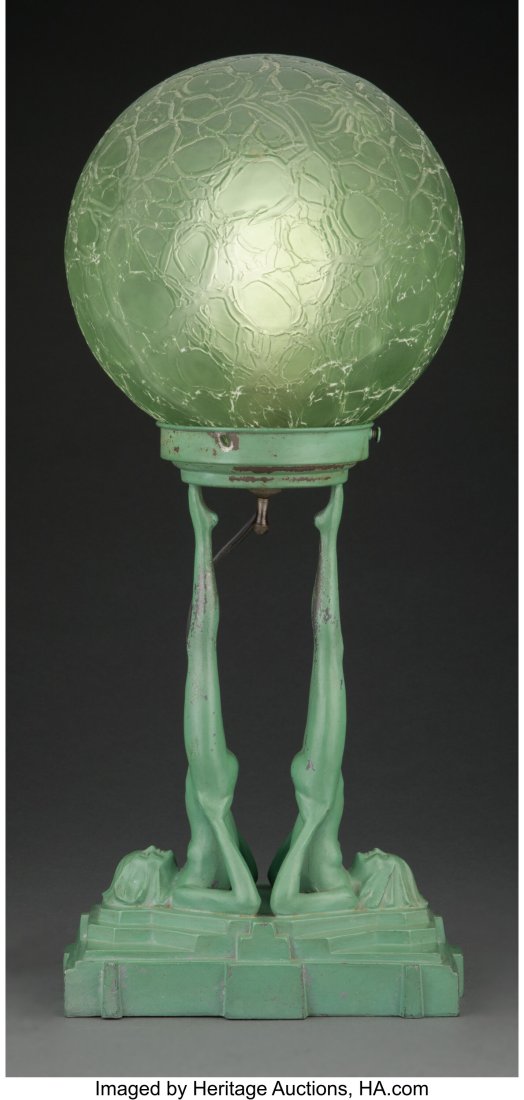 Frankart Enameled Metal and Frosted Glass Figura: Frankart Enameled Metal and Frosted Glass Figural Lamp, Model L220, circa 1928 Marks: FRANKART, ©, 1928, PAT D, 77202 19-1/8 inches (48.5