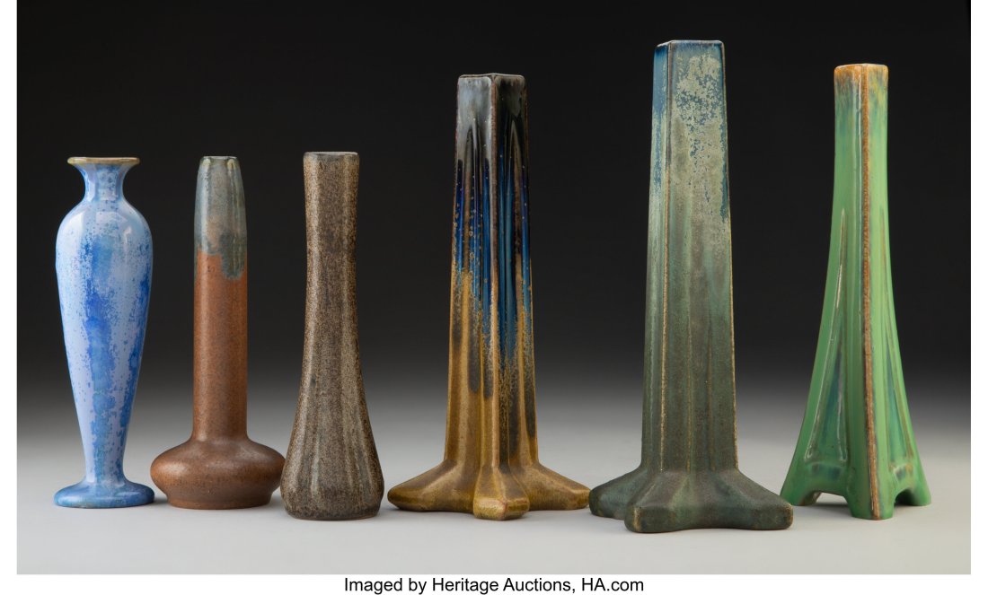 Six Fulper Pottery Glazed Ceramic Bud Vases, cir: Six Fulper Pottery Glazed Ceramic Bud Vases, circa 1910 Marks: FULPER 8-5/8 x 3 x 3 inches (21.9 x 7.6 x 7.6 cm) (tallest) HID03101062020 ©