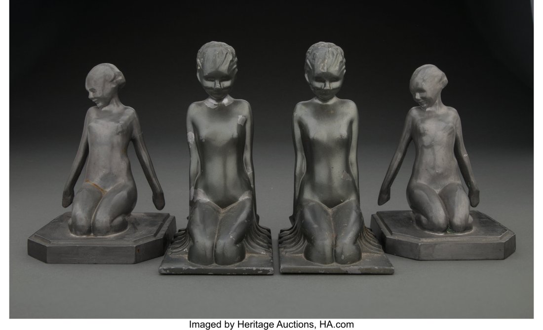 Two Pairs of American Enameled and Patinated Met: Two Pairs of American Enameled and Patinated Metal Figural Bookends, circa 1925 Marks: (various) 7-1/4 x 4-3/8 x 3-7/8 inches (18.5 x 11 x 10 cm) &lp