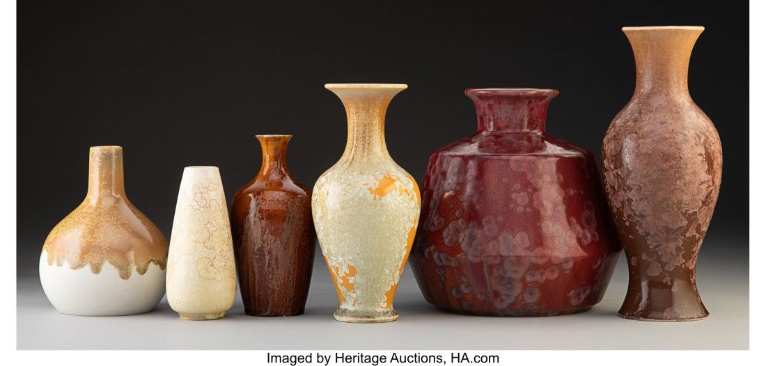 Six Crystalline Glazed Ceramic Vases, 20th centu: Six Crystalline Glazed Ceramic Vases, 20th century Marks: (Desvres cipher), (crowned lion-crown-four interlaced Ds), Sgrafo Modern, Bernard Moore&comm