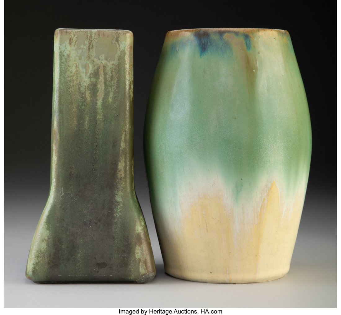 Two Fulper Pottery Glazed Ceramic Vases, circa 1: Two Fulper Pottery Glazed Ceramic Vases, circa 1915 Marks: FULPER, (various) 8-1/4 x 5-3/8 x 5-3/8 inches (21.0 x 13.7 x 13.7 cm)