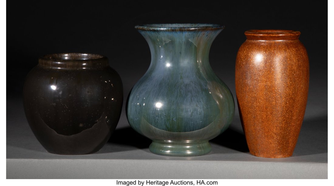 Three Fulper Pottery Glazed Vases, circa 1910 Ma: Three Fulper Pottery Glazed Vases, circa 1910 Marks: FULPER 6-1/2 x 5-1/2 x 5-1/2 inches (16.5 x 14.0 x 14.0 cm) (tallest) HID031010620