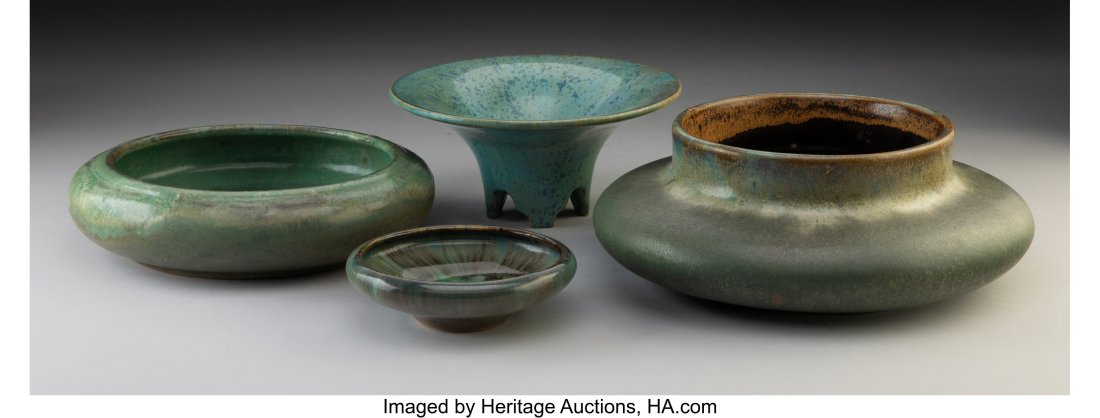 Four Fulper Pottery Glazed Ceramic Table Article: Four Fulper Pottery Glazed Ceramic Table Articles, circa 1910 Marks: FULPER 3-3/4 x 10 inches (9.5 x 25.4 cm) (tallest) The group comprising: 1 
