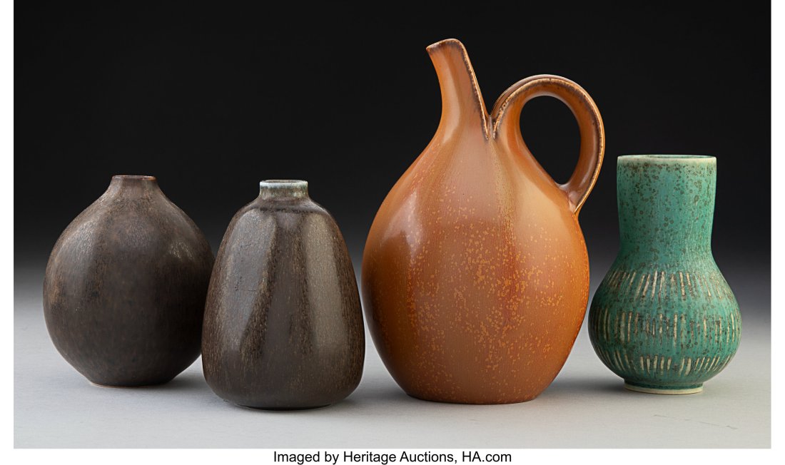 Four Saxbo Pottery Glazed Ceramic Table Articles: Four Saxbo Pottery Glazed Ceramic Table Articles, 20th century Marks: SAXBO, DENMARK 7 inches (17.8 cm) (tallest) The group comprising: 1 Edith Sonne