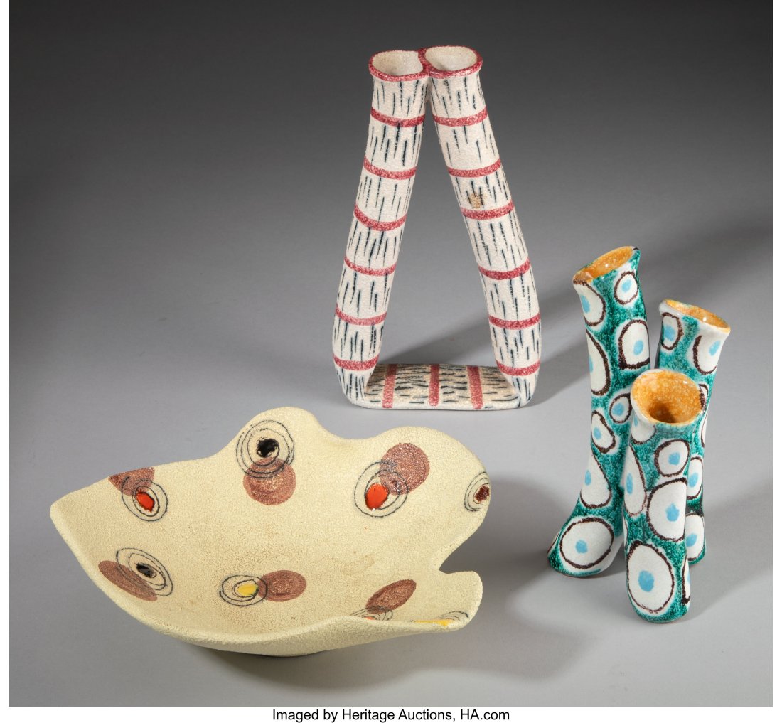 Three Mid-Century Italian Ceramic Table Articles: Three Mid-Century Italian Ceramic Table Articles, circa 1960 Marks: ITALY, (various) 8-1/4 inches (21.0 cm) (tallest) The collection comprisi