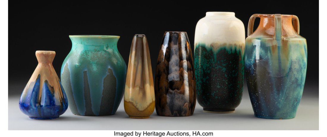Six Flambé Glazed Ceramic Vases, 20th century M: Six Flambé Glazed Ceramic Vases, 20th century Marks: (shield cipher), (various) 7-1/4 inches (18.4 cm) (tallest) HID03101062