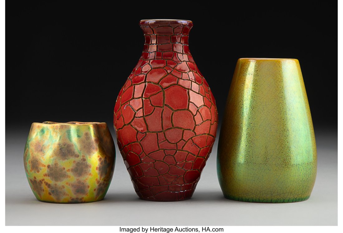 Three Zsolnay Glazed Ceramic Cabinet Vases, circ: Three Zsolnay Glazed Ceramic Cabinet Vases, circa 1900 Marks: (five churches seal), ZSOLNAY, PECS, HUNGARY, (various) 5-1/2 inches (14&