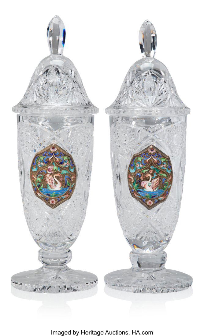 A Pair of Russian Cut Glass Lidded Vases with Cl (1 of 3)