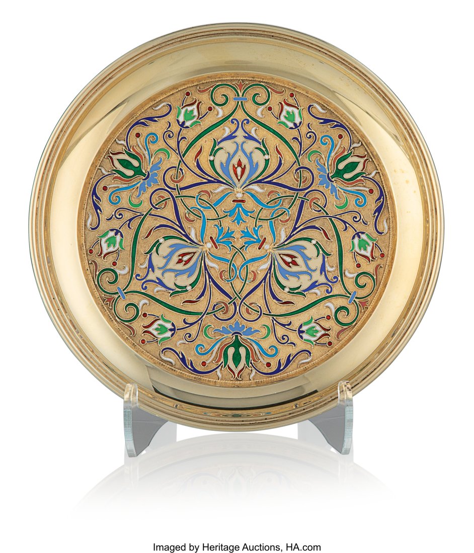 A Russian Cloisonné Enameled Gilt Silver Dish G: A Russian Cloisonné Enameled Gilt Silver Dish Grachev Brothers, Moscow, 1899-1908 7-5/8 inches (19.4 cm) 266 grams (gross) PROVENANCE: Sotheby P