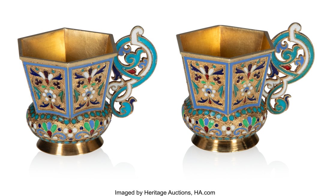 A Pair of Russian Cloisonné Enameled Gilt Silve (1 of 4)